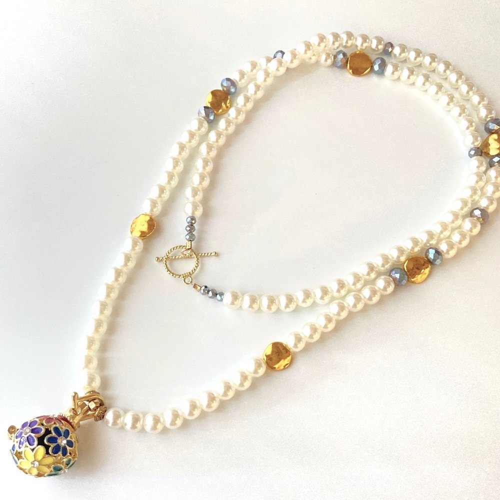 Long Pearls Necklace Crystal Beads Gold Plated